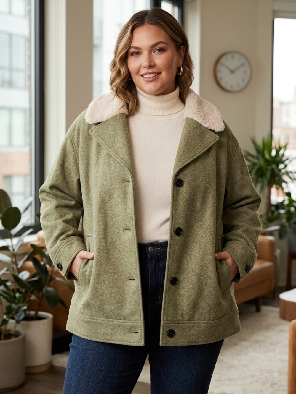 Old Navy Olive Green Jacket with Cream Sherpa Collar